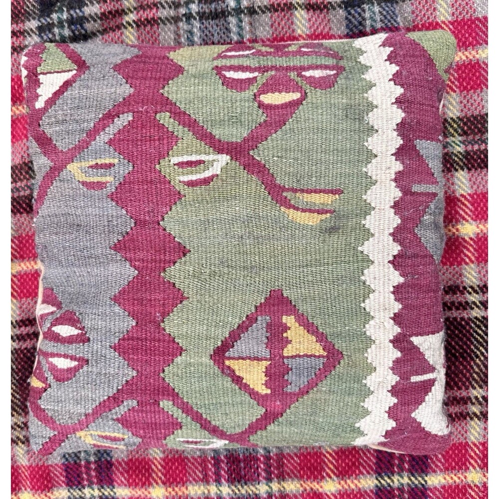 Vintage Kilim Pillow Case - Tribal Cushion Cover Red Boho Wool 12”x12” Velvet
